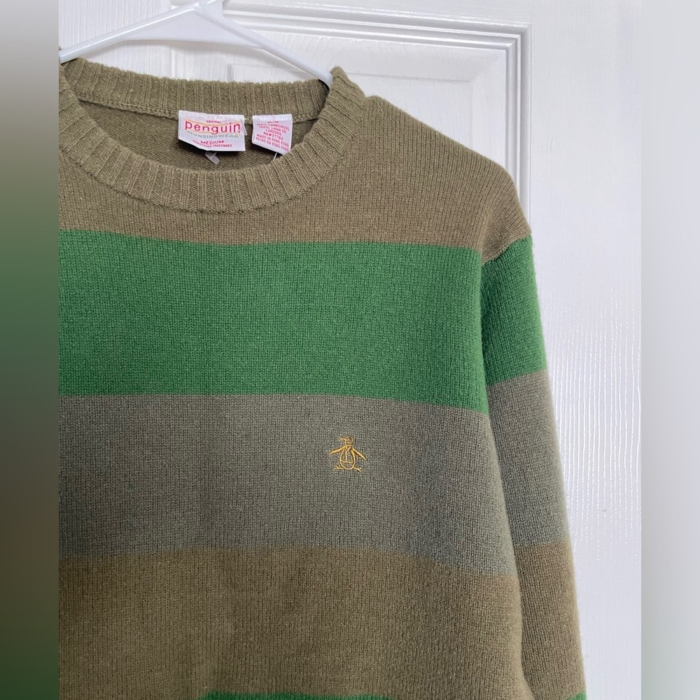 NWT Vintage Original Penguin 100% Lambswool Multi Green Striped Crewneck Sweater - Picture 2 of 8